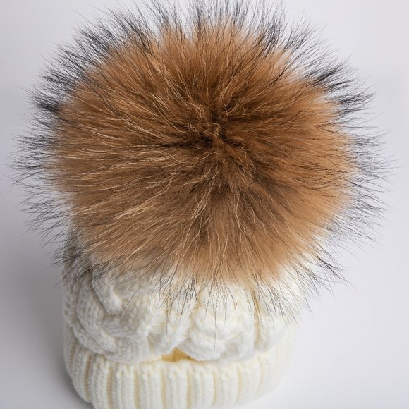 New! Ivory Winter Knit Hat With Racoon Pom Pom - Picture 2 of 4